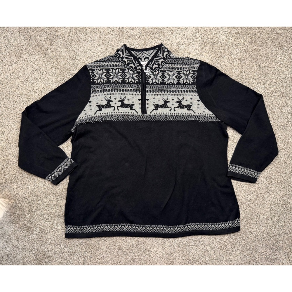Breckenridge Sweater Reindeer Fair Isle 2X Black Grey Quarter Zip Snowflake Pull